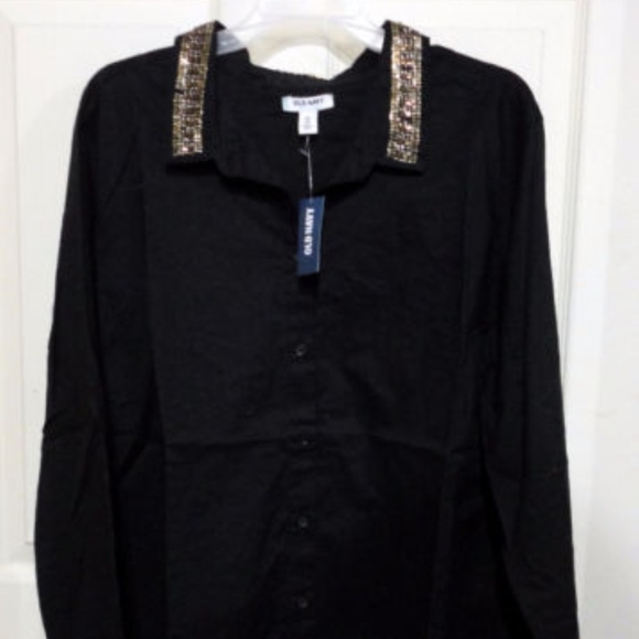 Old Navy black button down shirt rhinestone jewel - Picture 1 of 5